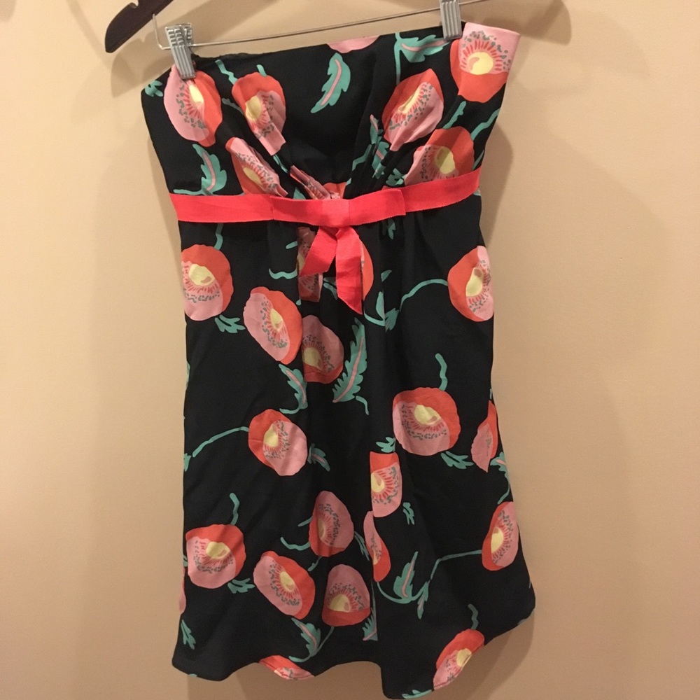 Anna Sui for Anthropologie silk strapless babydoll dress tie waist size 2